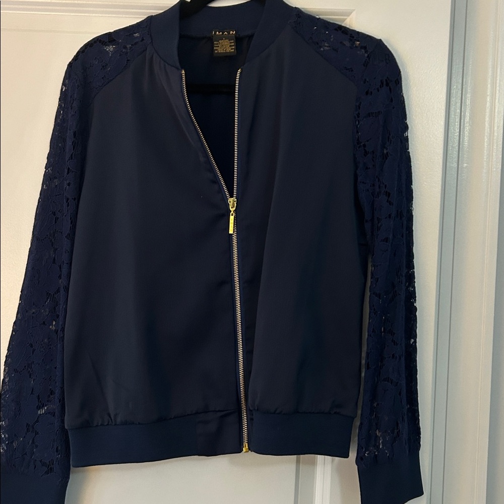 IMAN Navy Bomber Jacket with Gold Zipper with lace sleeves